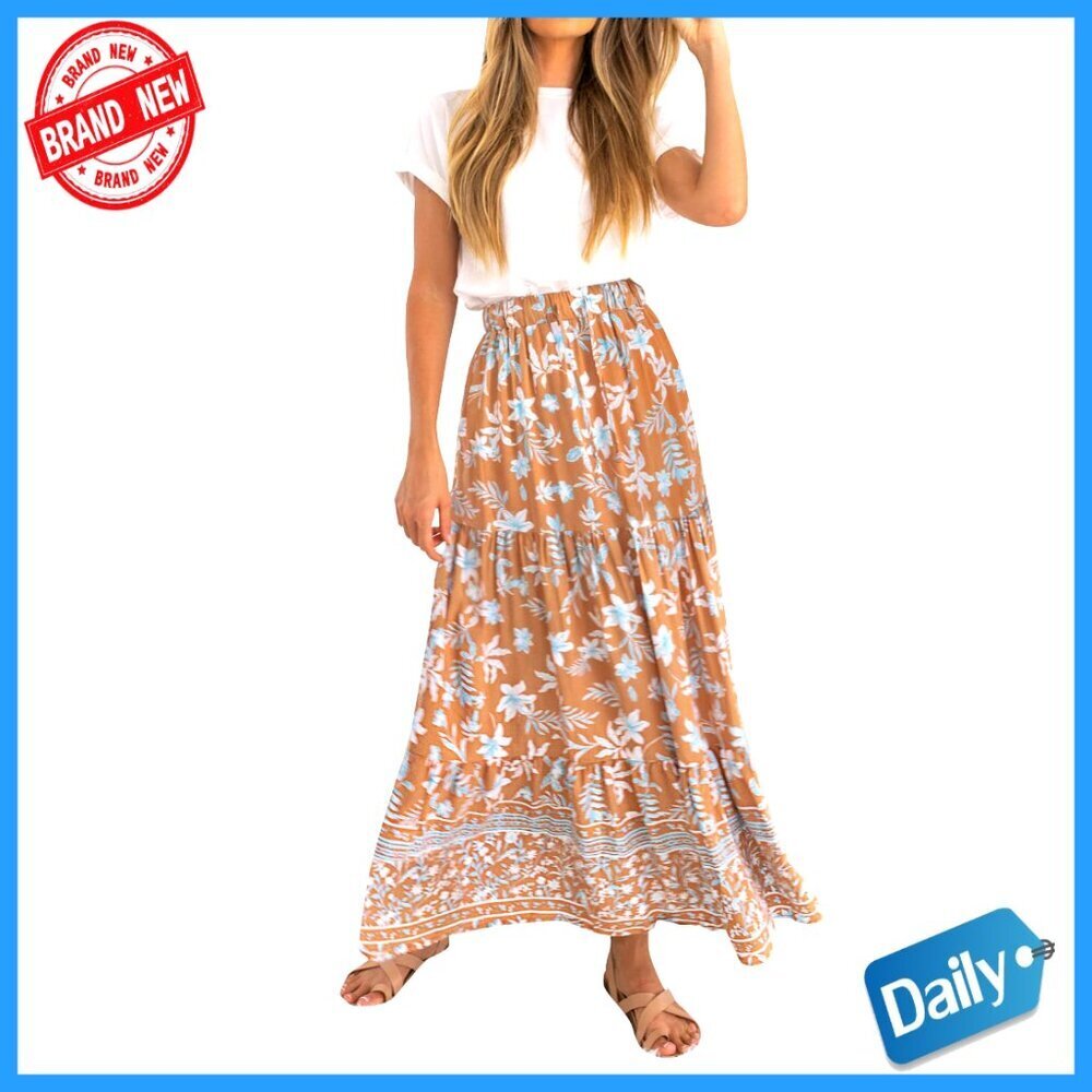 Rayon Maxi Skirt with Pockets, Elastic Waist, Bohemian Style for Summer